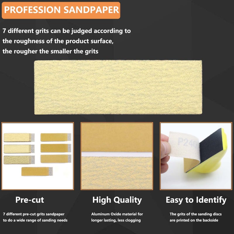 WHLLING 70 Sheets Micro Detail Sander Paper Kit  3.5 x 1 Hand Sanding Block for Small Projects Wet Dry Hook & Loop Alumina 80 to 600 Grit Sandpaper for Crafts Wood Tight Narrow Spaces Metal Finishing - Image 3